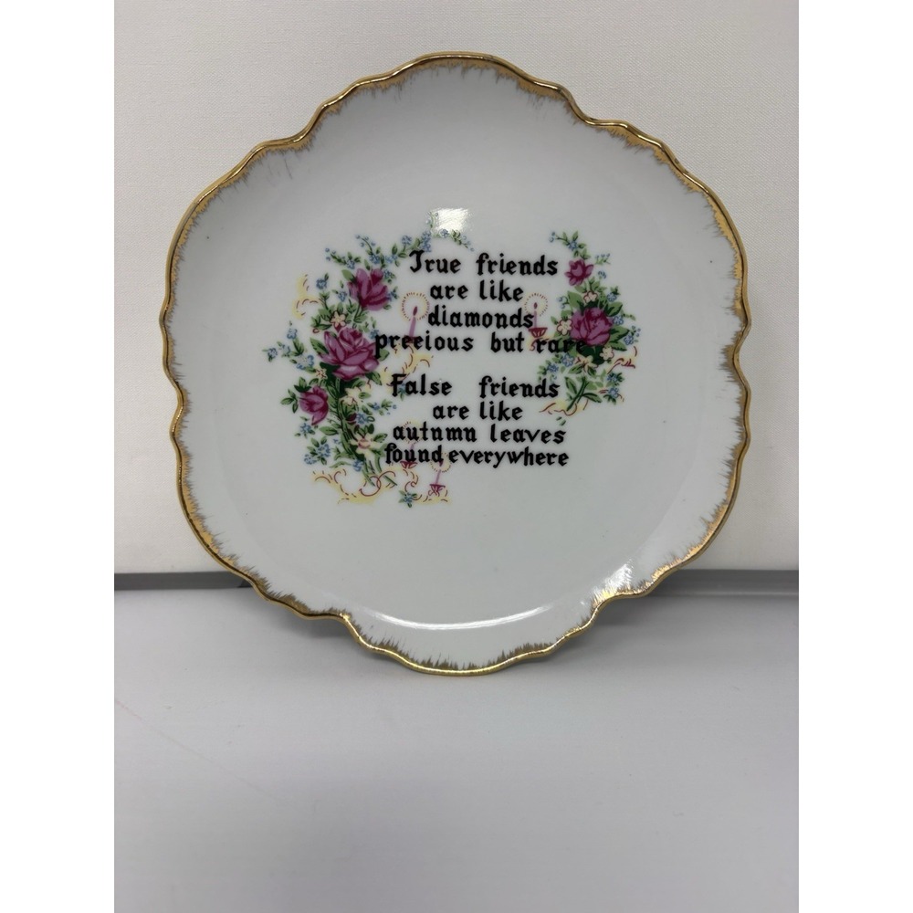 Vintage Norcrest Korea True Friends Diamonds Plate Floral Gold Rim Wall Hanging